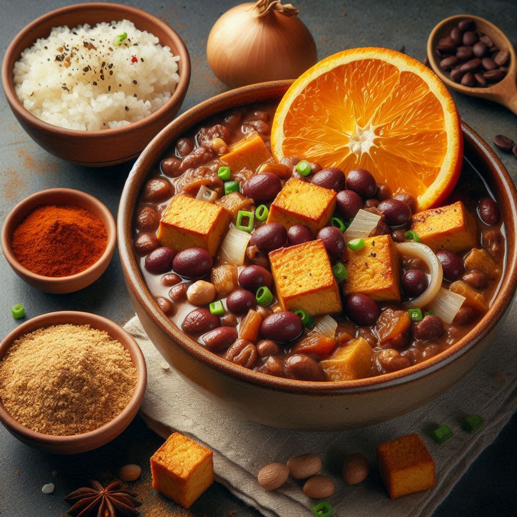 feijoada vegana, com pedaços de tofu, laranja, farofa e temperos